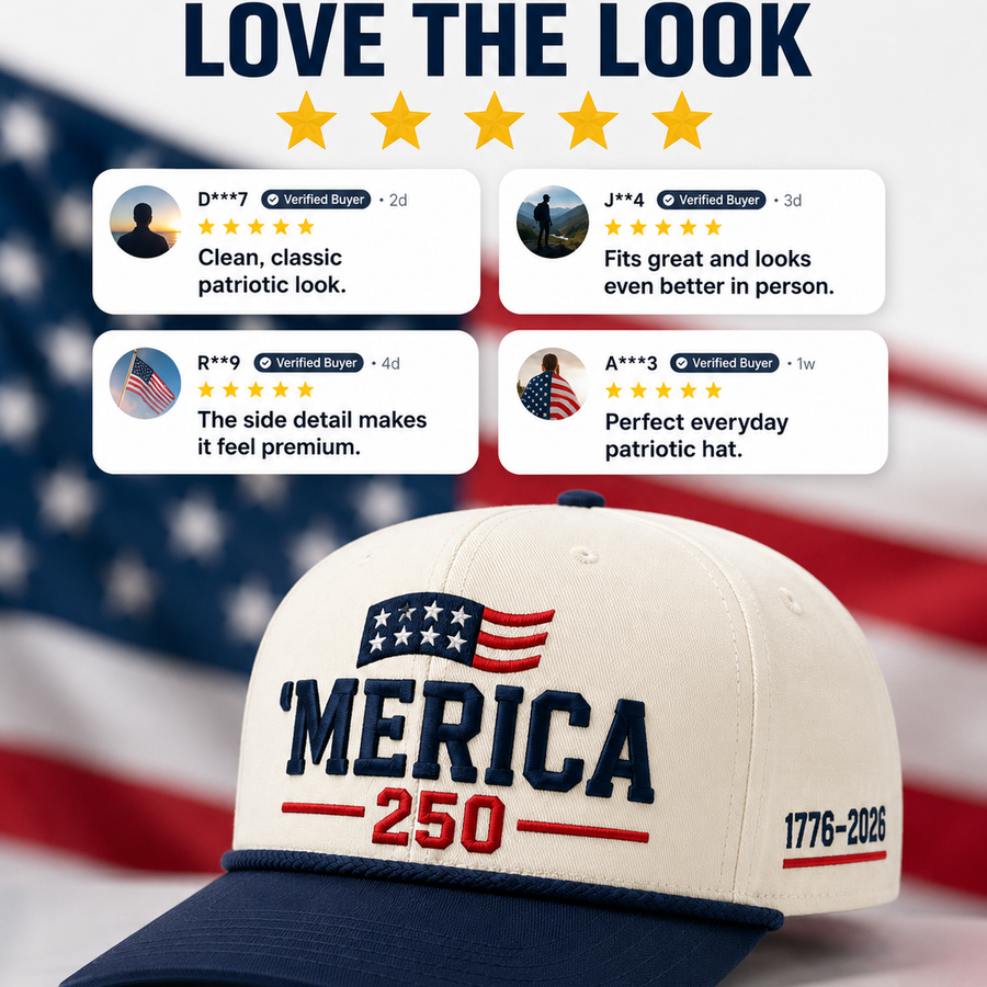 Merica 250 Hat patriotic embroidered cap by True Glory